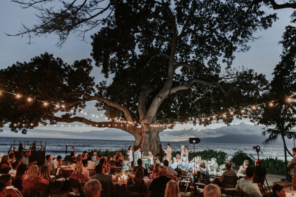 Outdoor gathering under string lights next to a large tree, during twilight, with people seated at tables, and the ocean and mountains in the background.