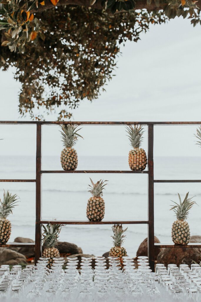 A set of shelves holding pineapples by the seaside, with empty glasses arranged on a table in the foreground.