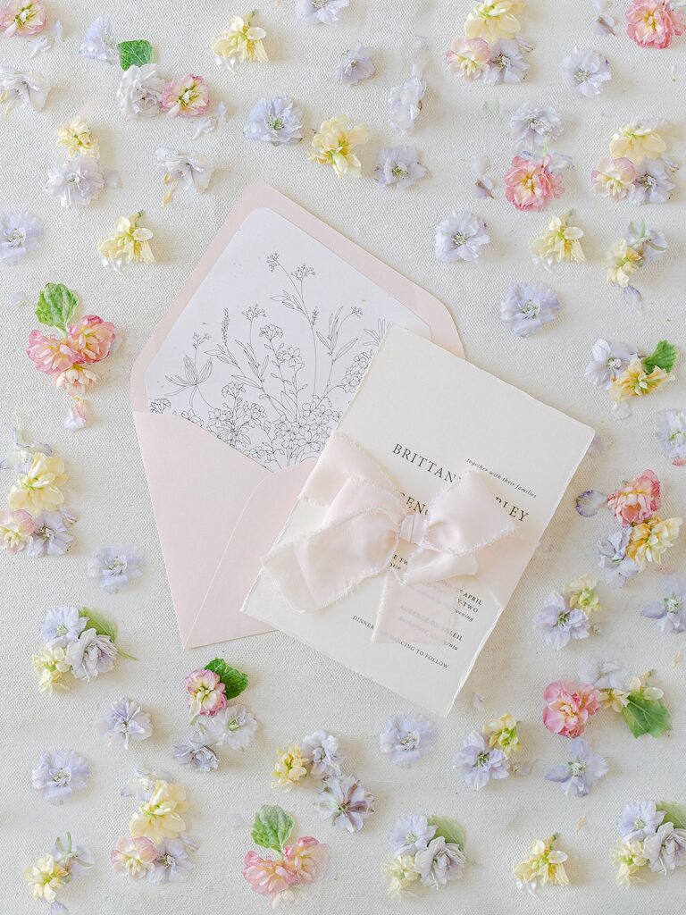 A floral-themed wedding invitation with a pink envelope, illustrated insert, and white card tied with a pale pink ribbon, surrounded by scattered pastel-colored flower petals.
