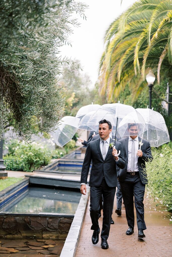 Men in formal suits walking outdoors under clear umbrellas beside a plant-lined pathway.