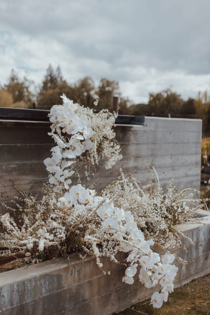 A cascade of white flowers drapes over a concrete structure, with an overcast sky and greenery in the background.