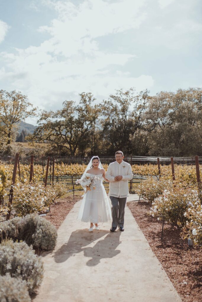 Bride and a man walk down an outdoor aisle lined with plants and flowers on a sunny day. She holds a bouquet and wears a white dress and veil; he wears a beige suit and glasses. Trees are visible in the background.