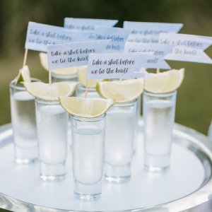 A tray with six shot glasses filled with clear liquid, each garnished with a lime wedge and a small flag that reads, "Take a shot before we tie the knot.