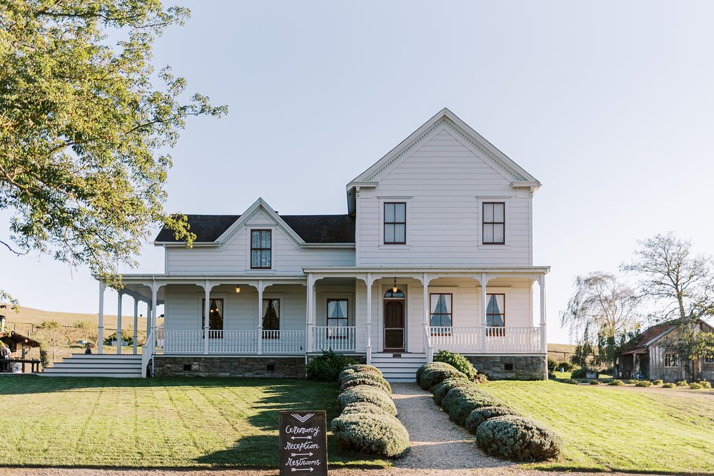 A large white farmhouse with a porch, surrounded by green lawn and a gravel path, under a clear blue sky. A small black sign stands in front.