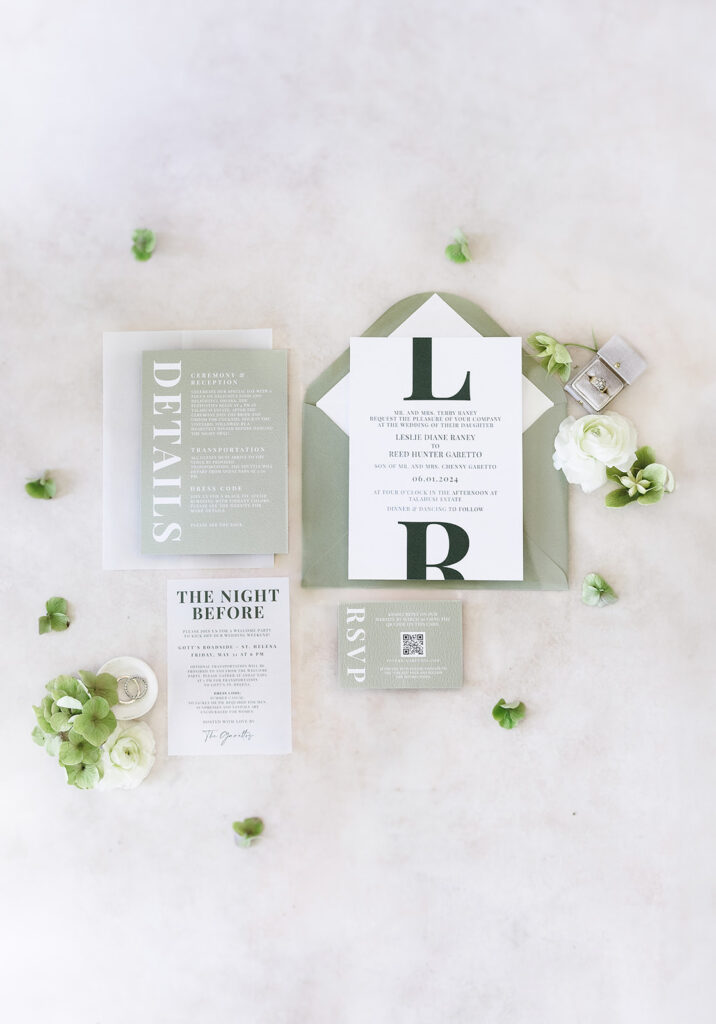 A flat lay of elegant wedding invitations and RSVPs in shades of green and white, surrounded by small flowers and a ring box on a light background.