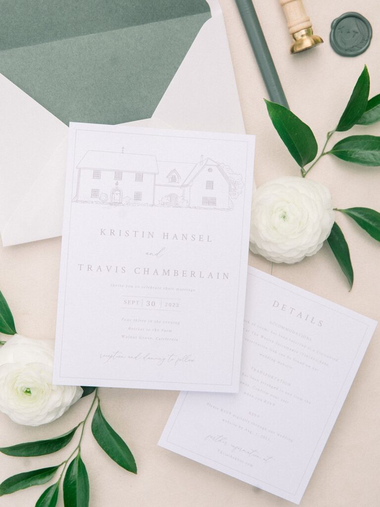Wedding invitation with elegant typography and minimalistic house illustration, accompanied by greenery, white flowers, and an envelope.