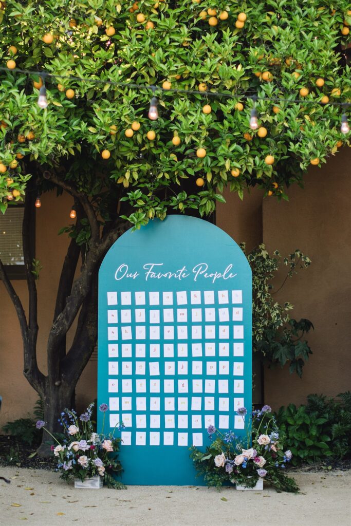 A large board titled "Our Favorite People," perfect for a Napa Valley wedding, displays numerous cards, set under a lemon tree with string lights.