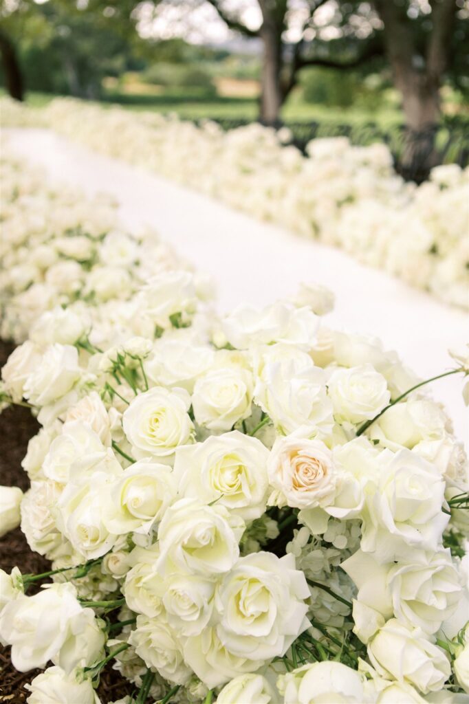 A pathway lined with abundant white roses, leading through a garden setting.