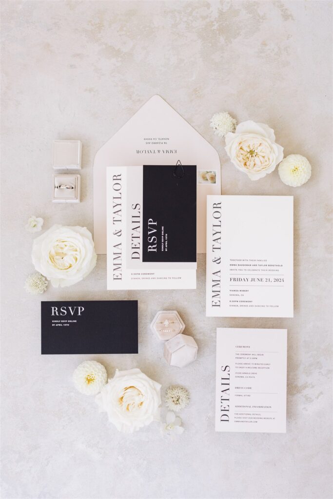 Flat lay of black and white wedding stationery set with RSVP cards, invitation, and details card. Surrounded by white flowers and an open envelope.