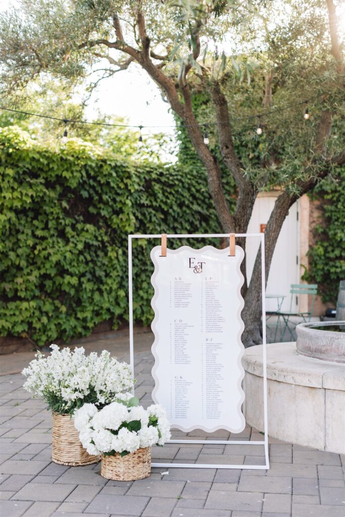 A decorative wedding seating chart on a stand, surrounded by white flower baskets, set outdoors on a stone path with greenery in the background.