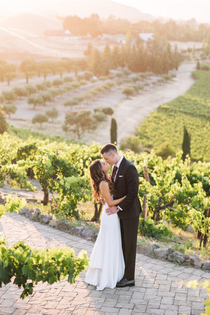 A couple in formal attire shares a kiss on a sunlit vineyard path surrounded by lush green vines and distant rolling hills.