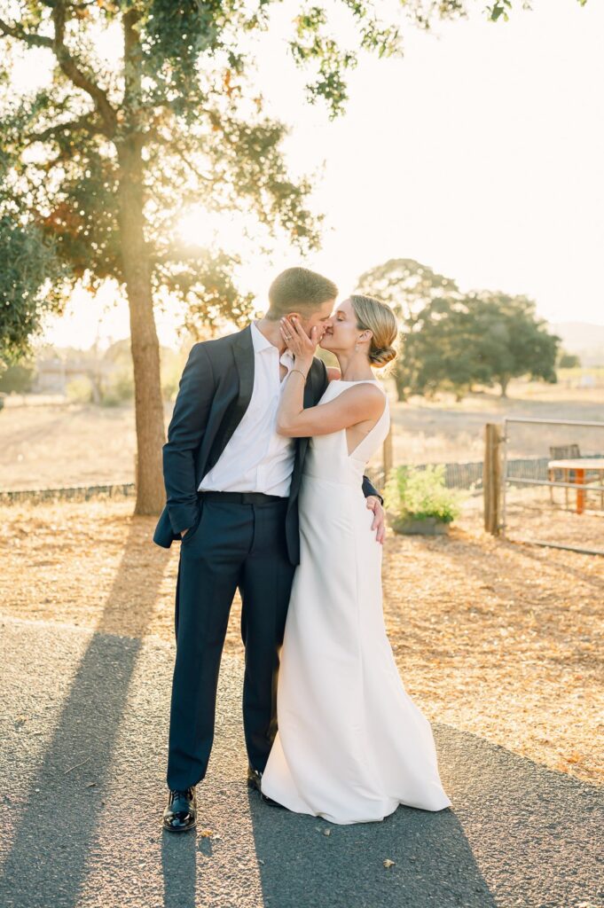 A couple shares a kiss outdoors on a sunny day, dressed in formal attire. The background features trees and a rural landscape.