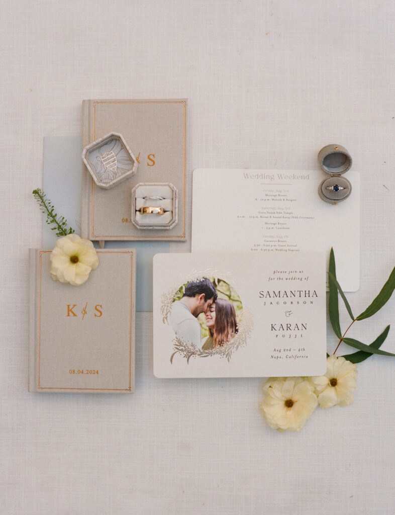 Wedding invitation suite with rings, photo card, and floral decorations on a light background.
