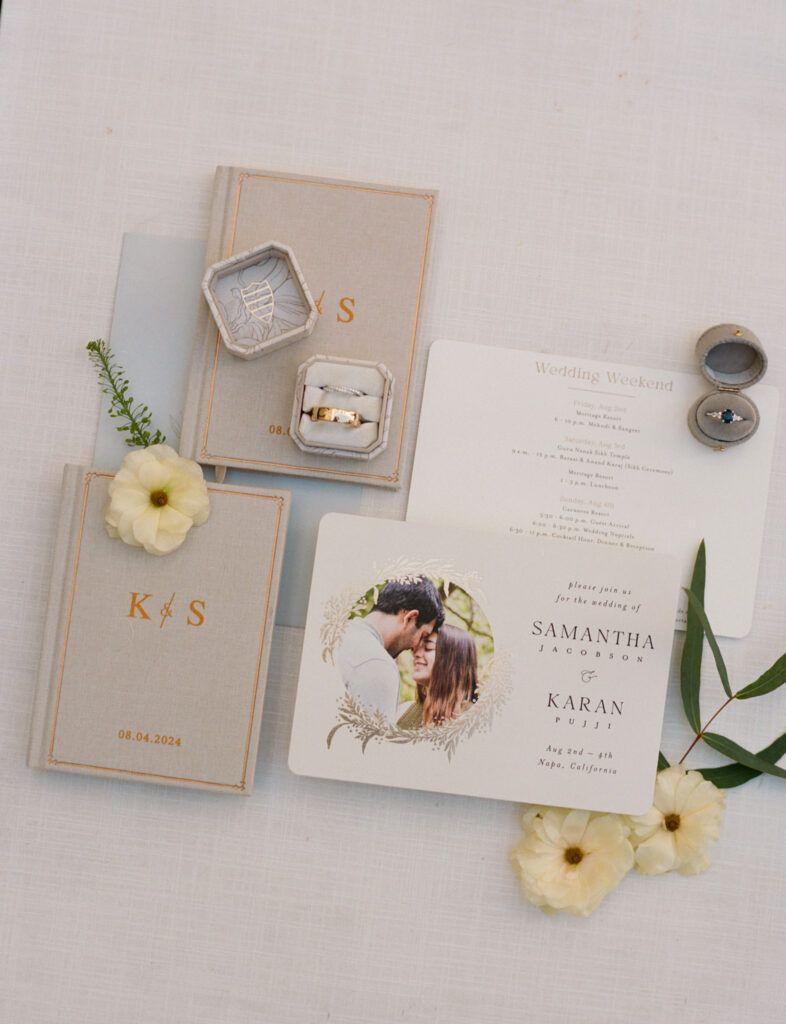 Wedding invitation set featuring rings, two beige booklets with initials "K/S", a schedule card, floral accents, and a photo of the couple. Date: 08.04.2024, Location: Napa, California.