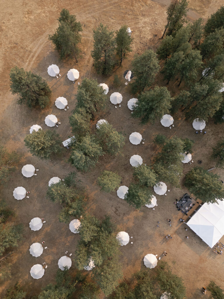Aerial view of a forested area with scattered white tents and a large white canopy, set among tall trees on dry, brown grass.
