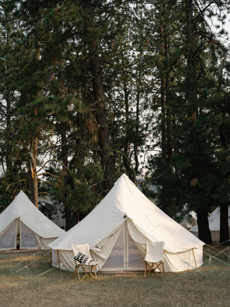 White canvas tents in a forested area with tall pine trees, featuring two folding chairs in front.
