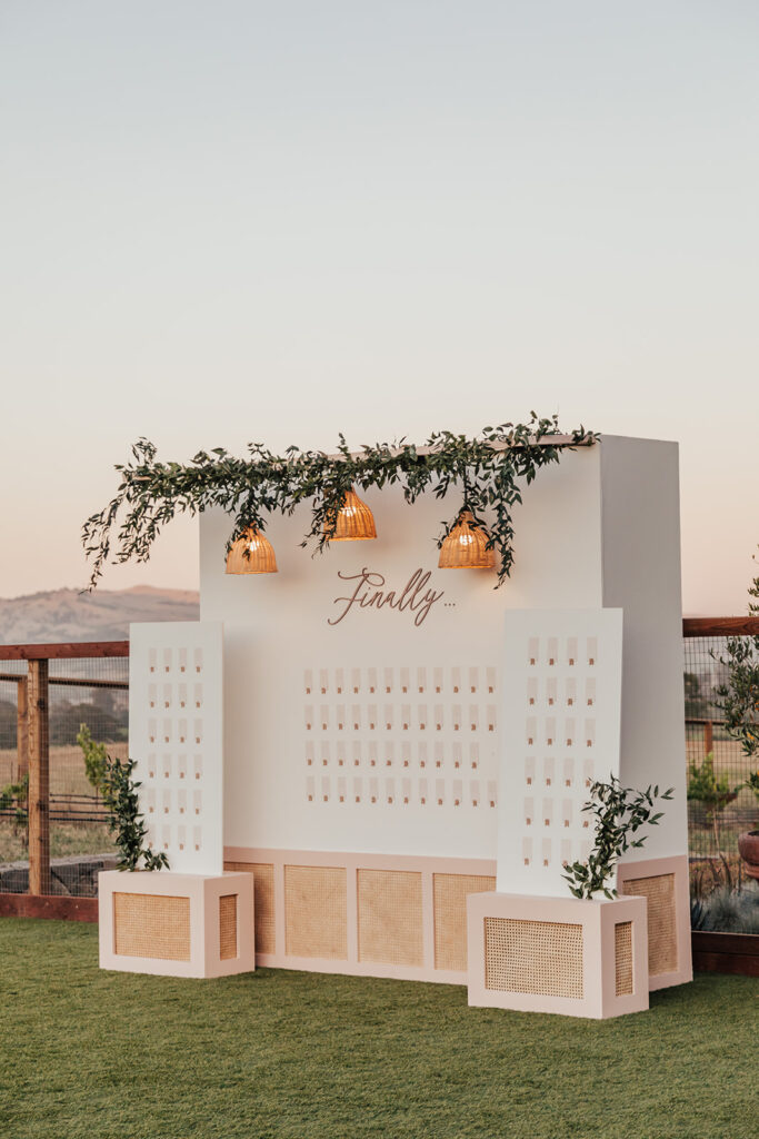 A seating chart display with "Finally..." written above, adorned with greenery and pendant lights, celebrates Andria and James' wedding. Set outdoors on grass, it creates an enchanting atmosphere.