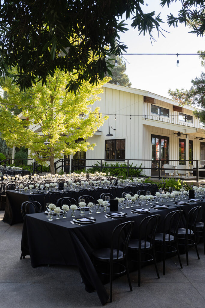 Outdoor dining setup with black tables and chairs arranged under string lights, adjacent to a white building and a tree with green leaves.