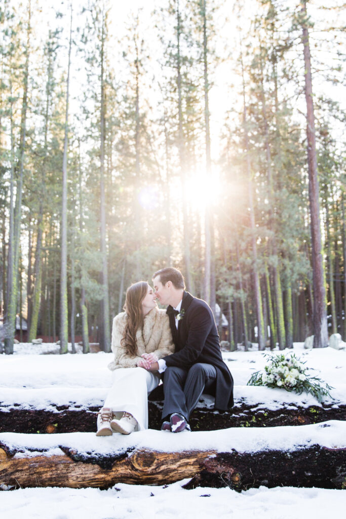 A couple sitting on a snowy log in a forest, kissing as sunlight filters through pine trees.