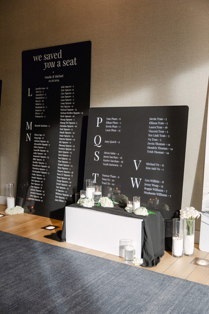 Wedding seating chart displayed on two black boards with candles and flower arrangements at the base.