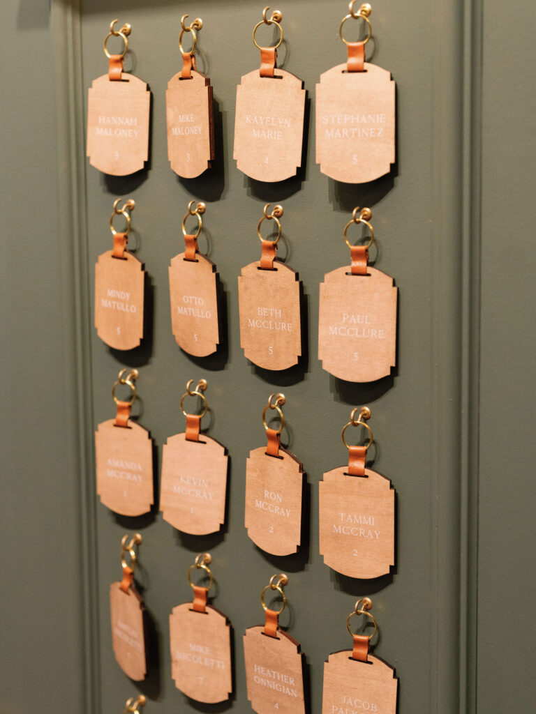 Grid of labeled, rectangular tags with metal loops and leather tabs hanging on a wall.