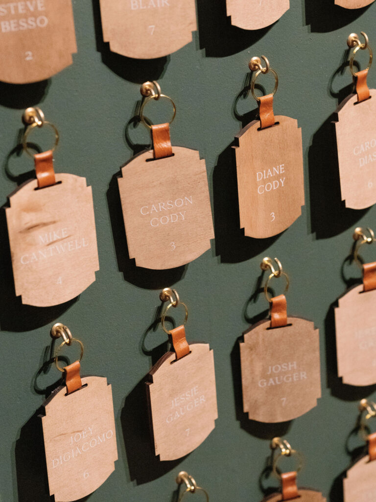 Wooden keychains with engraved names and numbers hang on hooks against a green background.