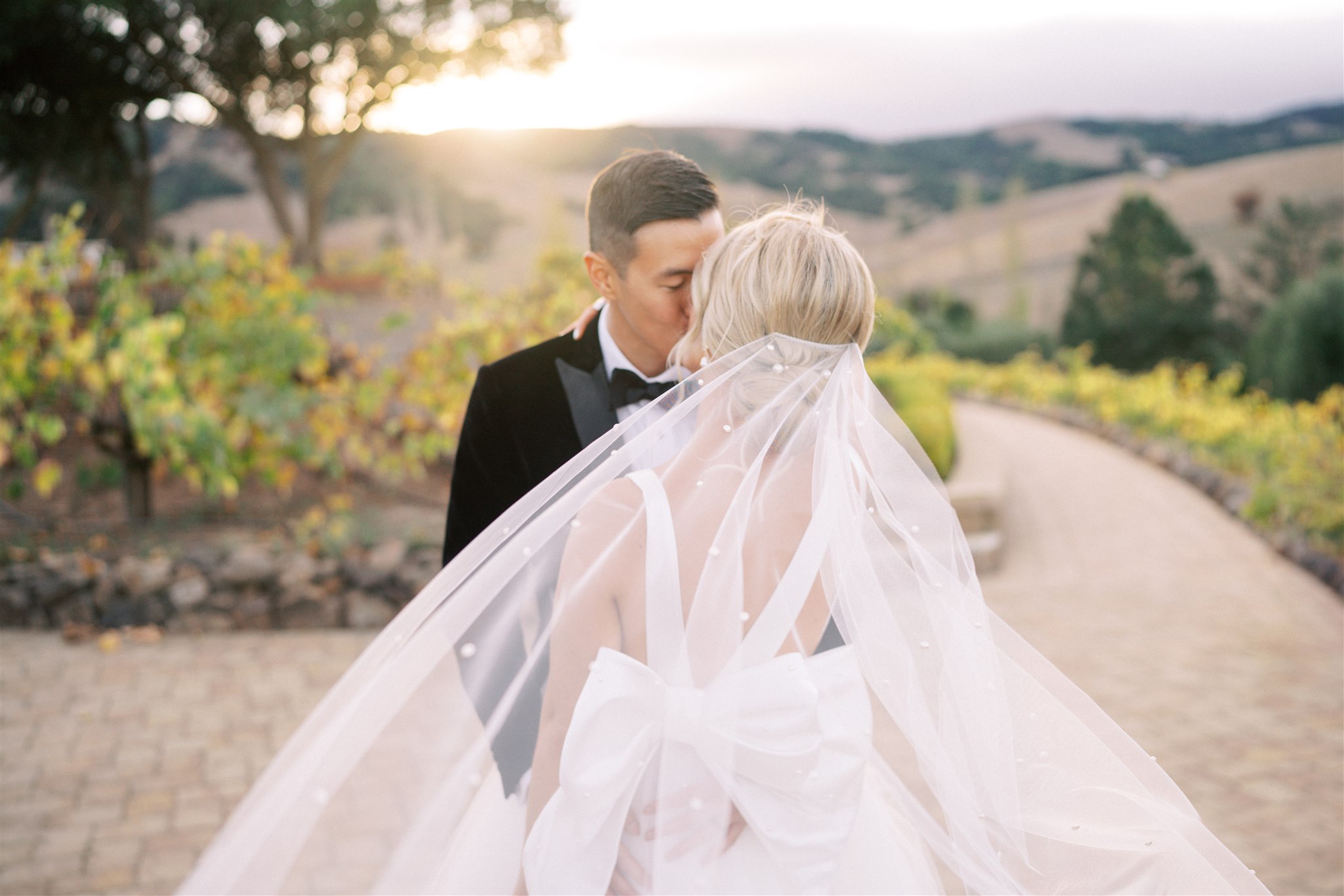 A bride and groom kiss outdoors on a stone pathway, with vineyards and hills in the background. The bride's veil is flowing.