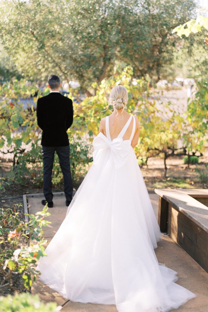 A bride in a white dress with a large bow stands on a path looking at a man in a black suit, set in a garden with greenery.