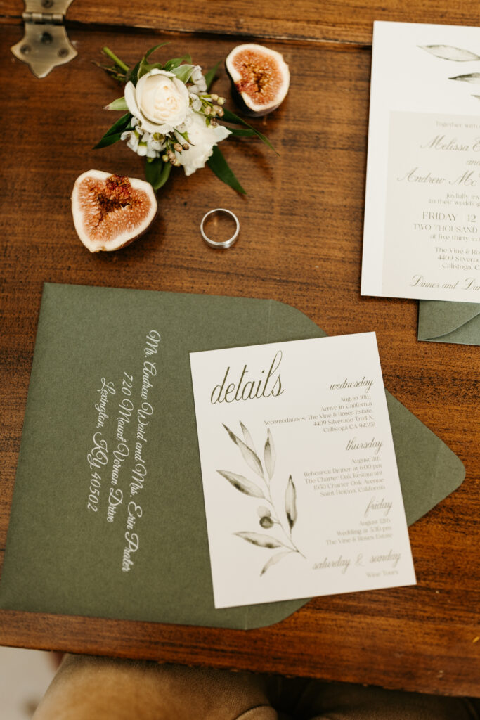 A green envelope with white calligraphy holds a wedding details card. Nearby are a gold ring, a white rose, figs, and a partially visible wedding invitation on a wooden table.