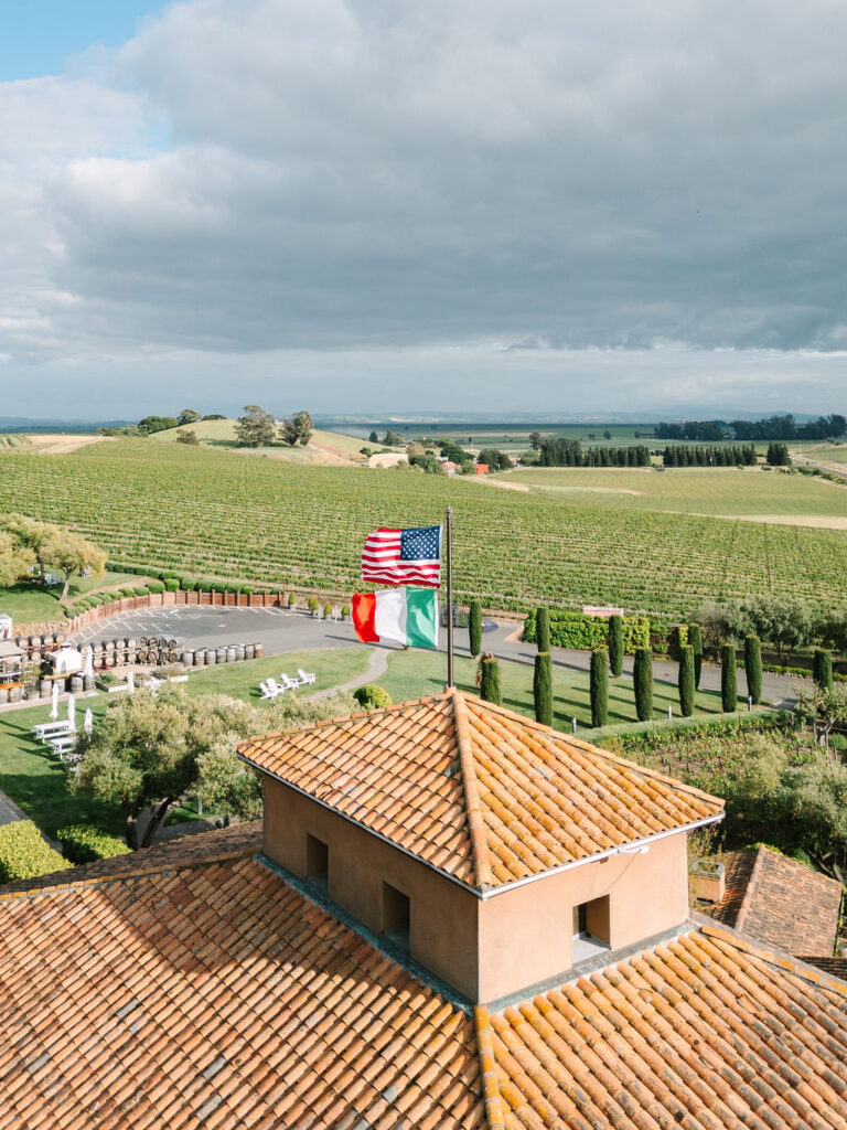 A vineyard landscape with rows of grapevines stretches into the distance. Two flags, American and Italian, fly on a pole beside a building with a terracotta-tiled roof under a cloudy sky.