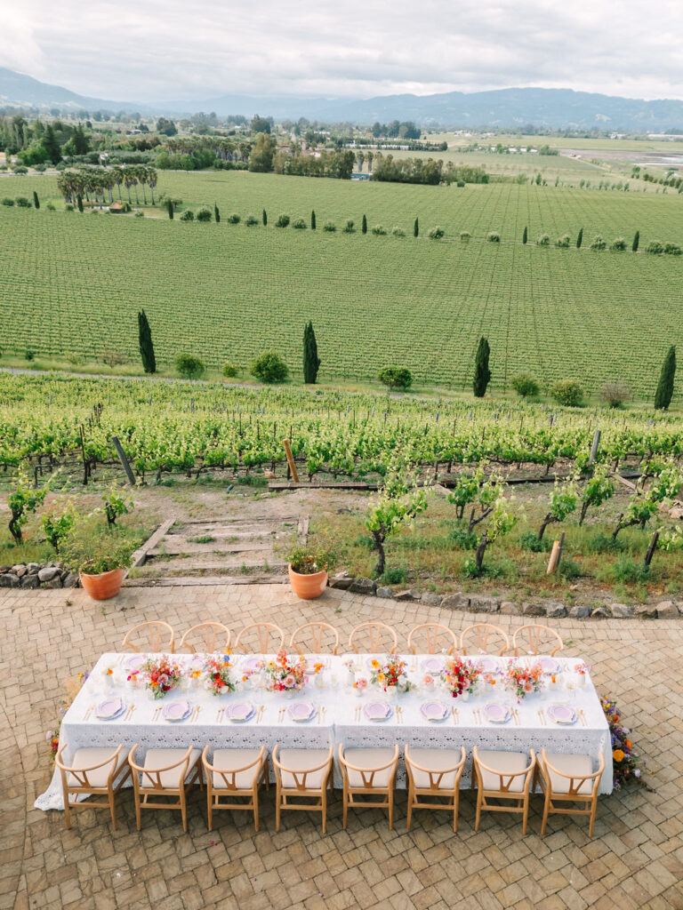 A long dining table set for an outdoor meal overlooks a vineyard and rolling hills under a cloudy sky.