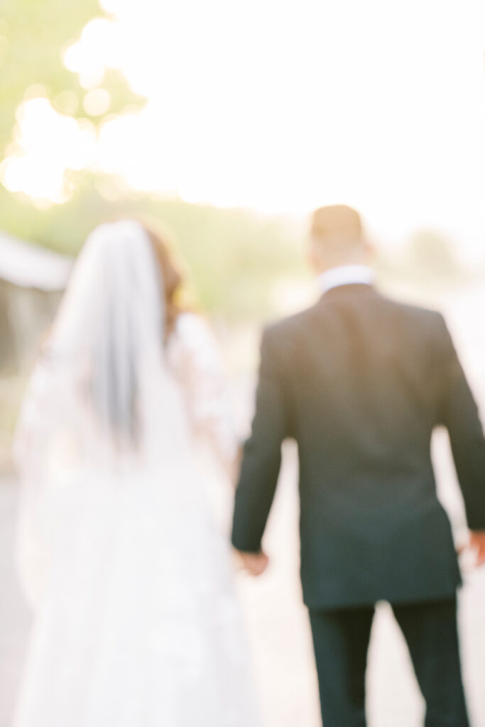 A bride and groom are shown from behind, holding hands and walking outdoors on a bright, sunlit day. The image is intentionally blurred.