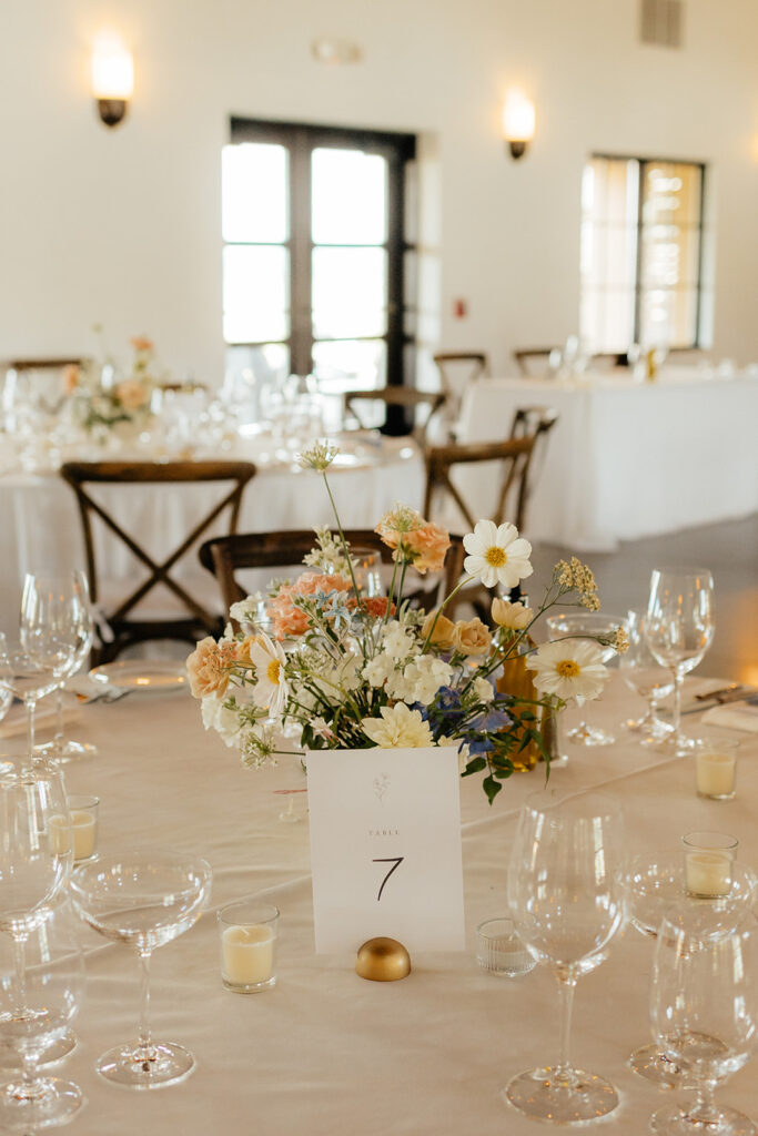 Table set for a formal event with flower centerpiece, labeled as Table 7, surrounded by wine glasses and small decorative candles in a well-lit room.