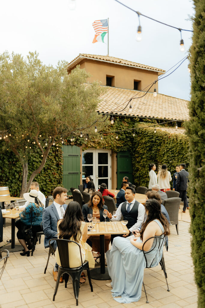People seated at outdoor tables during a social event, with a building covered in ivy and a flag visible in the background.