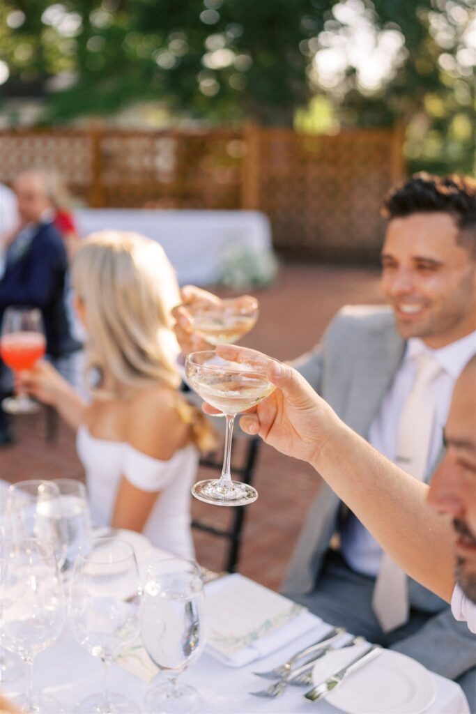 People sitting at an outdoor table toasting with drinks, one holding a cocktail. The setting is bright and sunny, with visible trees in the background.