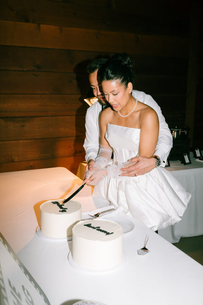 A couple in formal attire stands together cutting a white cake, with another similar cake beside it on the table.