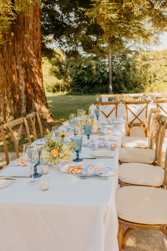 Outdoor table set for a meal with white tablecloth, floral centerpiece, blue glasses, napkins, and wooden chairs under a large tree in a garden setting.