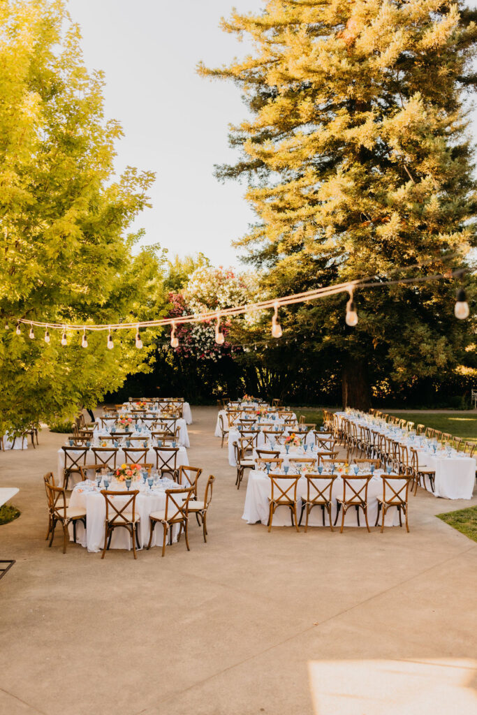 Outdoor event setup with several tables covered in white tablecloths and wooden chairs, string lights overhead, surrounded by green trees.