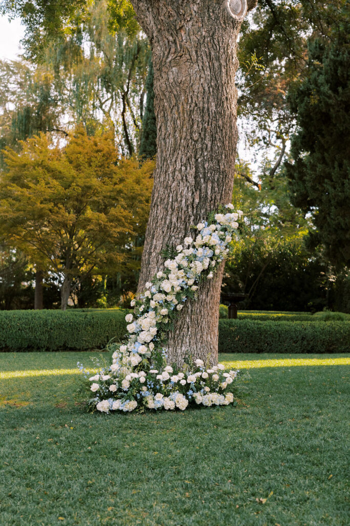 A large tree with white and pale blue flowers arranged diagonally around its trunk, set in a manicured garden with green grass and hedges.