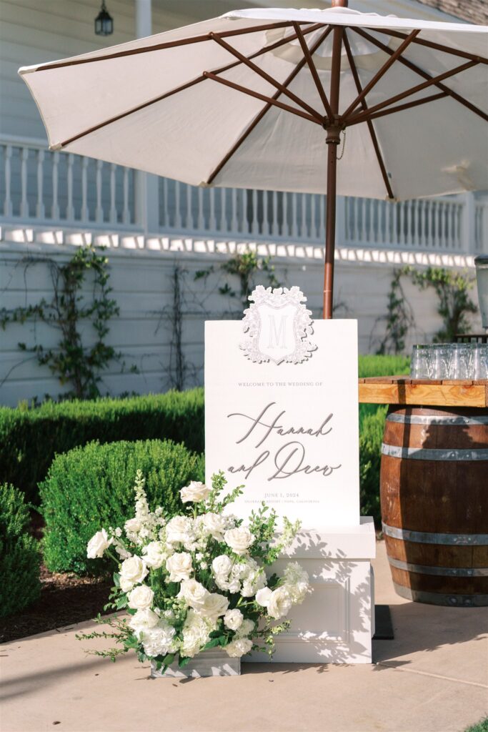 A wedding welcome sign with floral arrangements stands beside a wooden barrel and umbrella outdoors; the sign reads “Hannah and Drew, June 3, 2022.”.