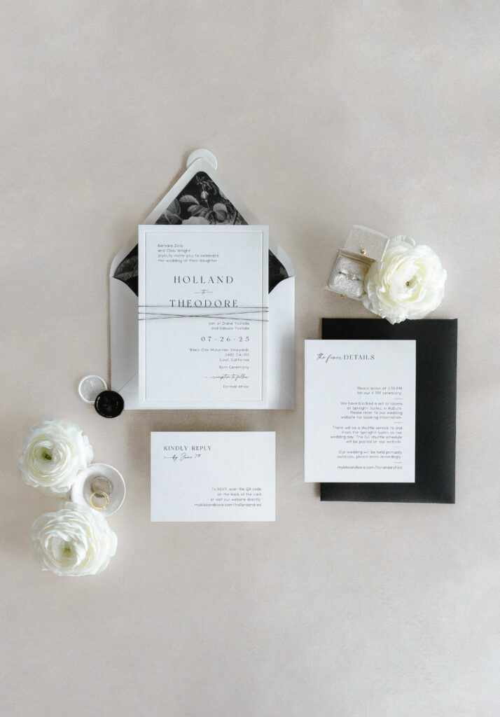 Flat lay of elegant wedding invitation suite with envelopes, RSVP card, two white flowers, a ring box with a ring, wax seal, and a small perfume bottle on a light background.