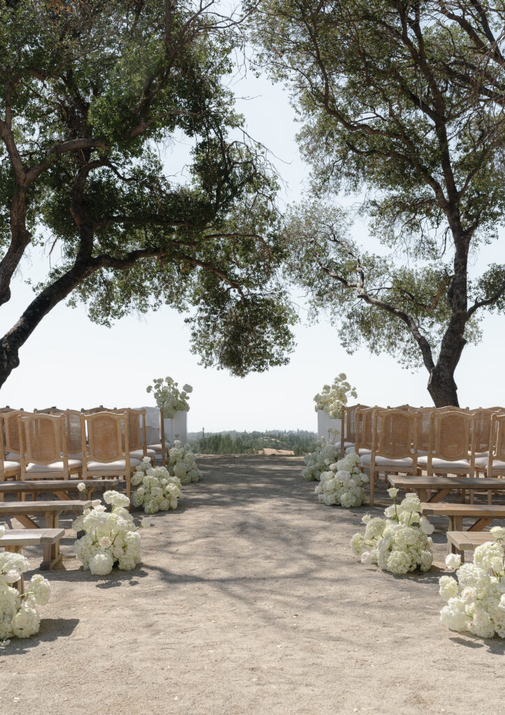Outdoor wedding ceremony setup with wooden chairs, white floral arrangements, and two large trees framing a scenic view in the background.
