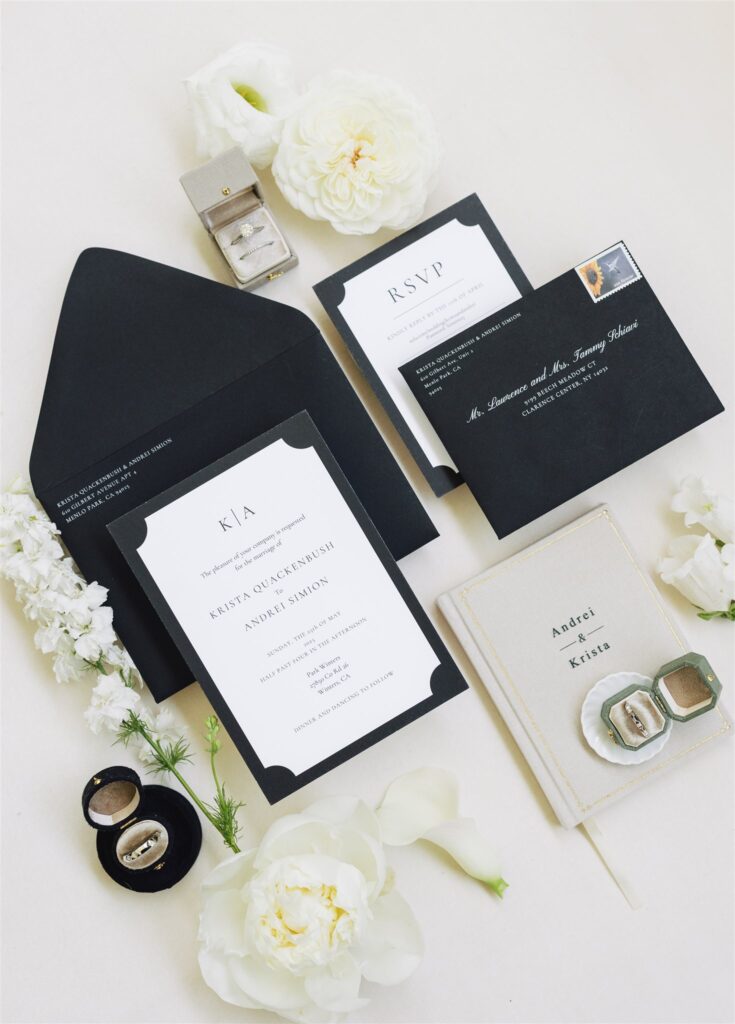A flat lay of black and white wedding invitations, RSVP card, envelope, wedding rings in boxes, a vow booklet, and white flowers arranged on a light background.