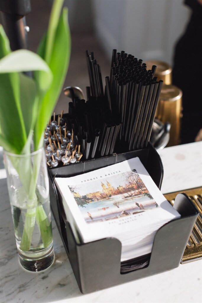 A black holder contains black straws, drink stirrers, and a stack of napkins with a scenic print, next to a glass vase with green leaves on a countertop.