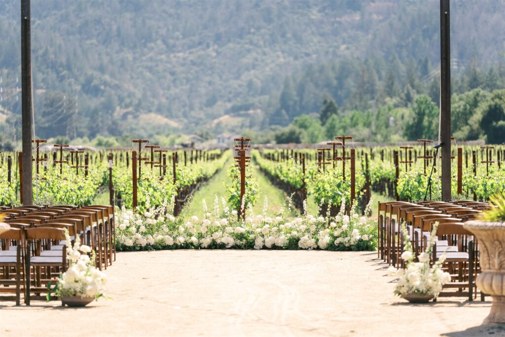 Outdoor wedding ceremony setup in a vineyard with rows of wooden chairs on both sides, white floral arrangements, and grapevines in the background.