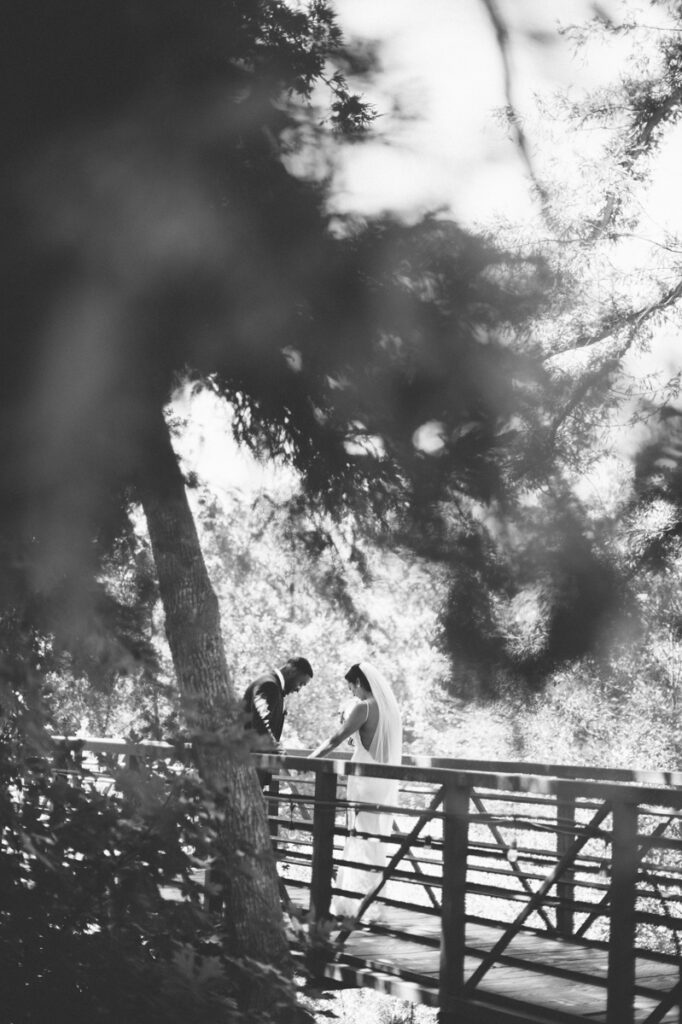 A couple stands on a wooden bridge surrounded by trees, with sunlight filtering through the branches in a black and white outdoor scene.